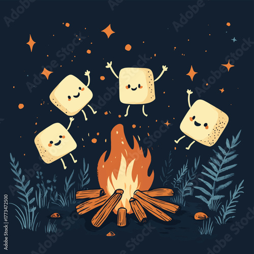 Happy marshmallows dancing around a campfire illustration