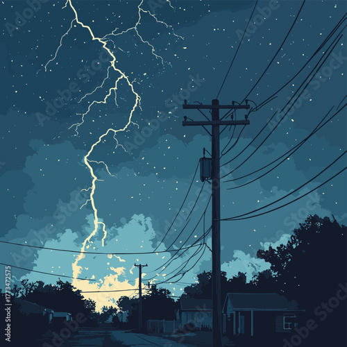 Diagram illustrating the effects of a lightning strike on a utility pole and overhead power lines.   , vector style simple color