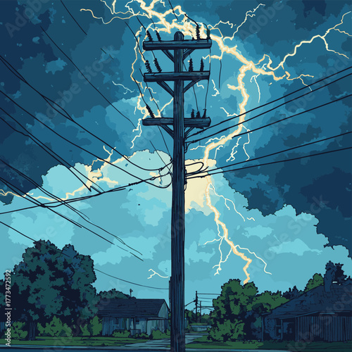 Diagram illustrating the effects of a lightning strike on a utility pole and overhead power lines.   , vector style simple color