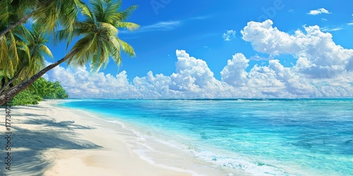 Fototapeta Naklejka Na Ścianę i Meble -  A serene tropical beach with white sand, turquoise water, and palm trees under a clear blue sky with fluffy white clouds.