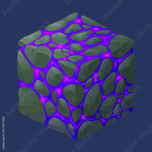 Ethereal cubic rock structure showcasing intense radiant purple energy within its crevices