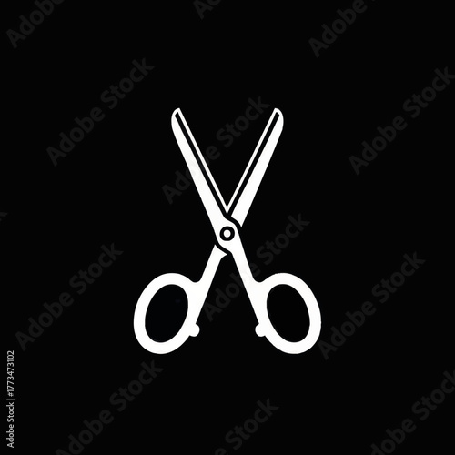Simple scissors vector icon. Flat design symbol for cutting, editing, and crafts. Minimalist white silhouette isolated on a black background.