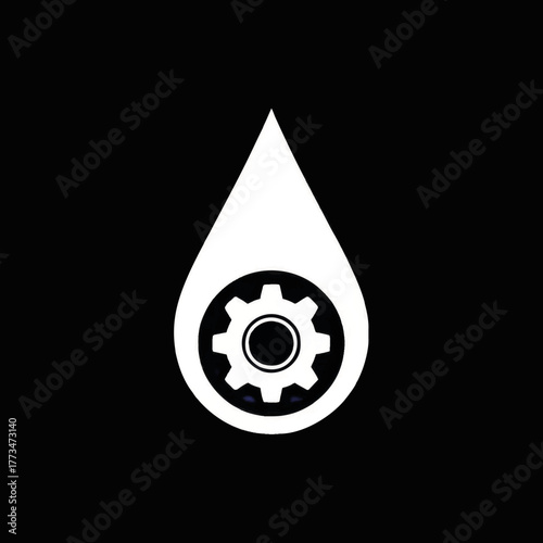 Oil drop with a gear icon. Industrial lubricant and motor fuel symbol. Minimalist flat vector graphic for mechanics and automotive service.
