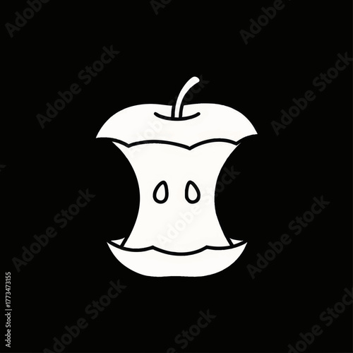 Minimalist apple core icon. Simple black and white flat design. Vector graphic for food waste and composting concepts
