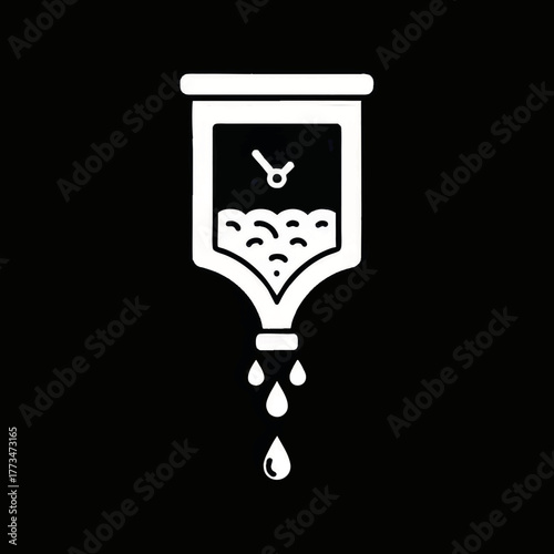 Medical IV drip bag icon with a clock symbol. Hand-drawn doodle style vector illustration. Concept for timed treatment, infusion, and healthcare procedures