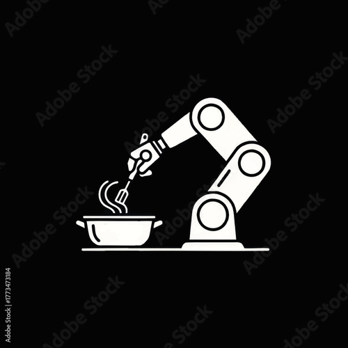 Robotic arm cooking icon for food technology. Kitchen automation and futuristic chef concept. Minimalist white glyph vector illustration