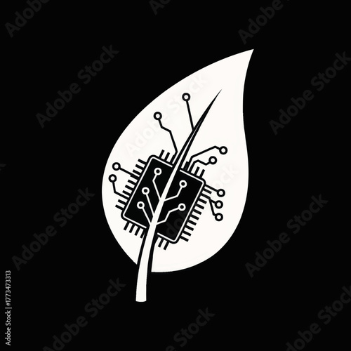 A leaf with an integrated circuit board symbolizing green technology. Minimalist vector icon for sustainability and eco-friendly innovation. White on black graphic design.