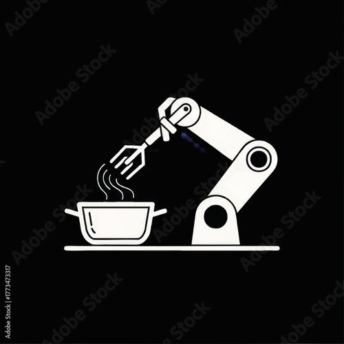 Robotic arm cooking in a pot icon. Food technology and kitchen automation concept. Minimalist flat vector illustration