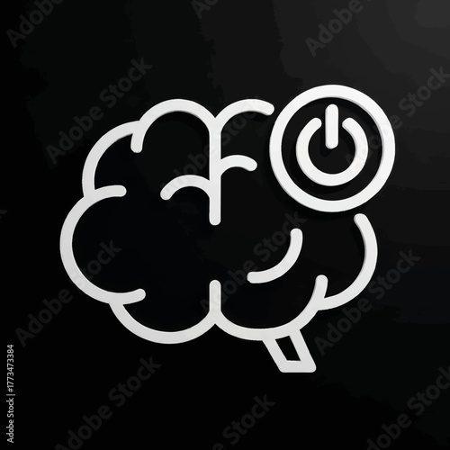 Brain icon with a power button. Minimalist outline vector illustration for mental health, creativity, and digital detox concepts