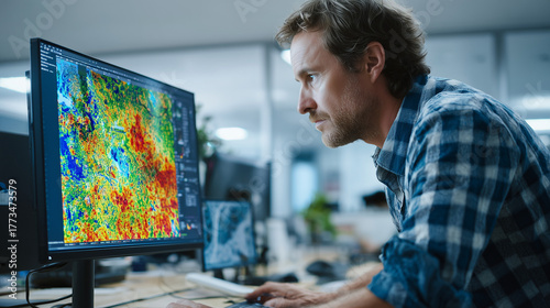 Focused data analyst examining colorful weather or climate map on computer screen in modern office, symbolizing technology, and innovation.
