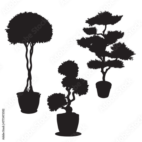 Decorative Topiary Tree Silhouette Set – Garden Plant Vector Collection

