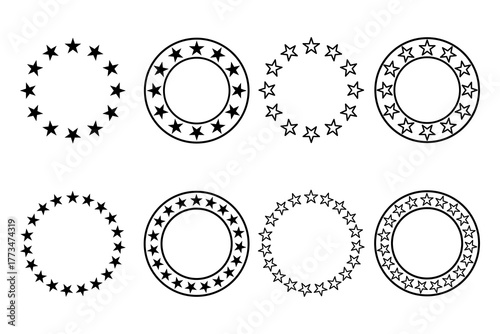 Stars in circle icon, Stars of various arranged in a circle icon. Line style and black silhouette. Flat vector illustration design isolated on white background.