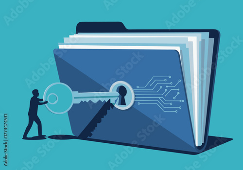 Unlocking Data Security Man with Key Securing Digital File Folder