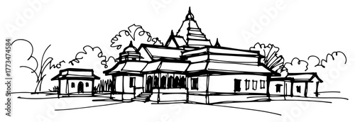 Hindu Temple Sketch Vector Illustration. Hand drawn architectural line art of a traditional Indian or Asian sacred building. Spiritual monastery landscape drawing.