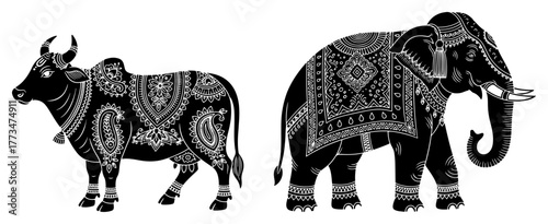 Ornate Indian Elephant and Sacred Cow Nandi Bull Silhouette with Traditional Paisley Patterns