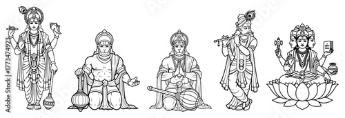 Set of Hindu Gods and Goddesses Line Art Collection Vector Illustration Vishnu Krishna Rama Hanuman