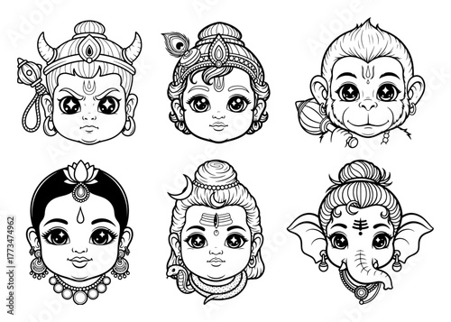 Cute Hindu Gods vector faces set. Chibi kawaii style line art collection with Ganesha Krishna Shiva Hanuman for coloring book or avatar.