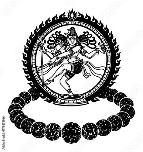 Shiva Nataraja vector illustration with Rudraksha bracelet. Hindu God of cosmic dance Lord of Dance emblem for spiritual design or tattoo.