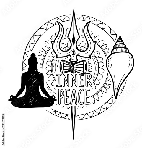 Inner Peace Spiritual Symbolism with Shiva Trishul Meditating Yogi and Mandala Hand Drawn Vector