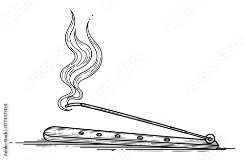 Burning Incense Stick with Smoke on Wooden Holder Hand Drawn Sketch Vector Illustration