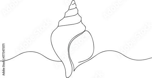 Single line drawing of a spiral seashell on a wavy surface
