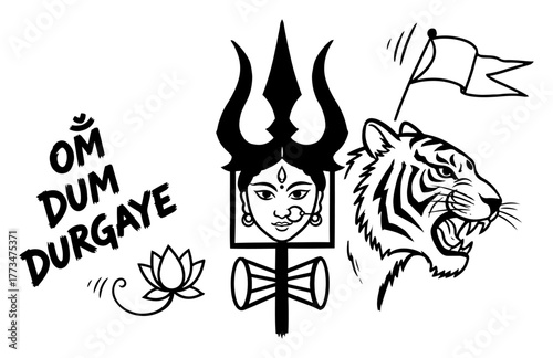 Hindu Goddess Durga Symbols Set with Trishul Tiger and Om Dum Durgaye Mantra Vector Graphic