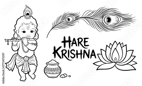 Cute Baby Krishna and Symbols Set for Janmashtami with Hare Krishna Mantra and Peacock Feather