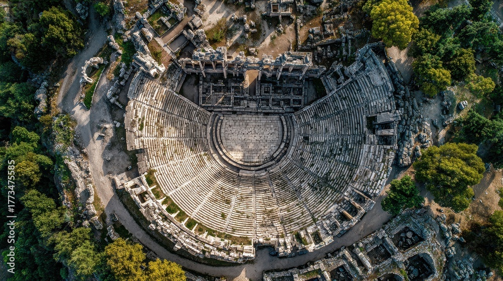 Fototapeta premium Grand ancient Roman amphitheater ruins captured from a dramatic aerial perspective.