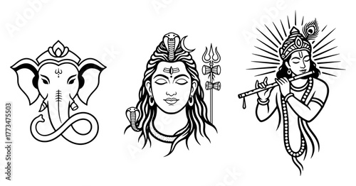 Hindu Gods Line Art Vector Set. Collection of Ganesha Shiva and Krishna head portraits. Minimalist Indian deity icons for spiritual logo or tattoo design.
