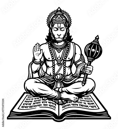 Lord Hanuman Meditating Vector Illustration. Hindu Monkey God sitting in lotus pose on Hanuman Chalisa book. Spiritual Indian deity for religious design.