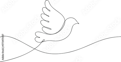 Single line drawing of a dove in flight over waves