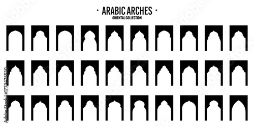 Islamic frames, oriental style objects. Arabic shapes, windows and arches. Traditional ornamental banner, frame. Muslim holidays, Ramadan Kareem. Modern eastern architecture. Vector illustration