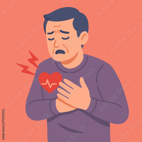 Man chest pain symptom and heart attack risk illustration