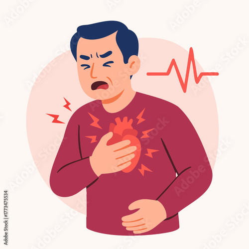 Man chest pain symptom and heart attack risk illustration
