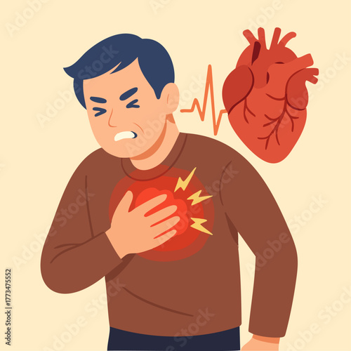 Man chest pain symptom and heart attack risk illustration