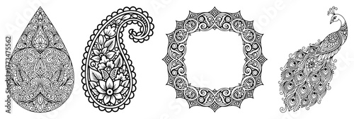 Indian Mehndi Design Elements Vector Set. Collection of decorative paisley peacock and ornamental frame with intricate floral patterns. Henna style tattoo art.