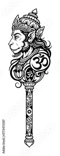 Hanuman Gada Mace Vector Illustration. Decorative weapon of Hindu God Hanuman with Om symbol. Detailed Indian spiritual tattoo design from mythology.