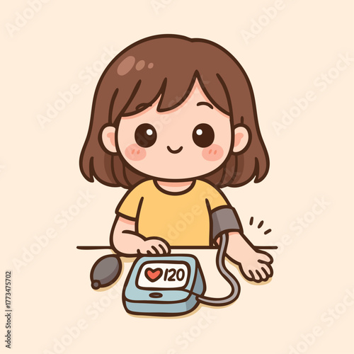 Woman checking her blood pressure kawaii style illustration