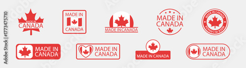 Made in Canada maple leaf emblem vector icon, patriotic red and white national flag label, isolated Canadian badge design, quality manufacturing product symbol