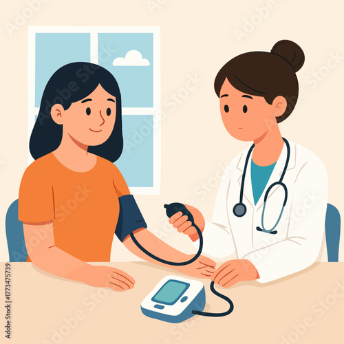 Woman checking her blood pressure with doctor illustration