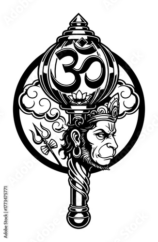 Hanuman Gada Emblem with Om Symbol Mythic Mace Vector Badge