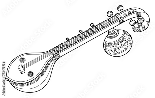 Traditional Indian Musical Instrument Veena Detailed Outline Vector Illustration