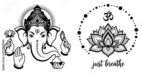 Ganesha Head Blessing Hand and Lotus Om Just Breathe Lettering Vector Set