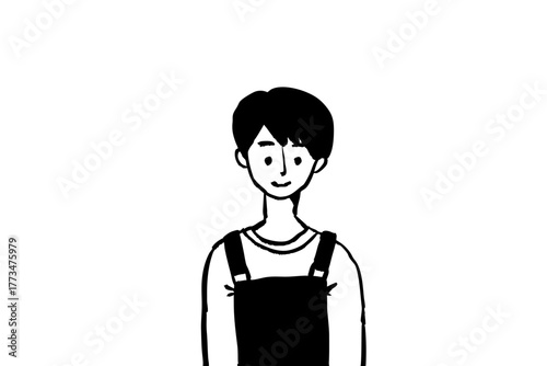 手描き風線画の若い男性ポートレート／カジュアルオーバーオールのシンプルイラスト