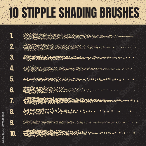 Ink scatter brush, stipple drawing and texturing. Fading gradient. Stippling, dotwork drawing, shading using dots. Halftone disintegration effect. White noise grainy texture. Vector illustration