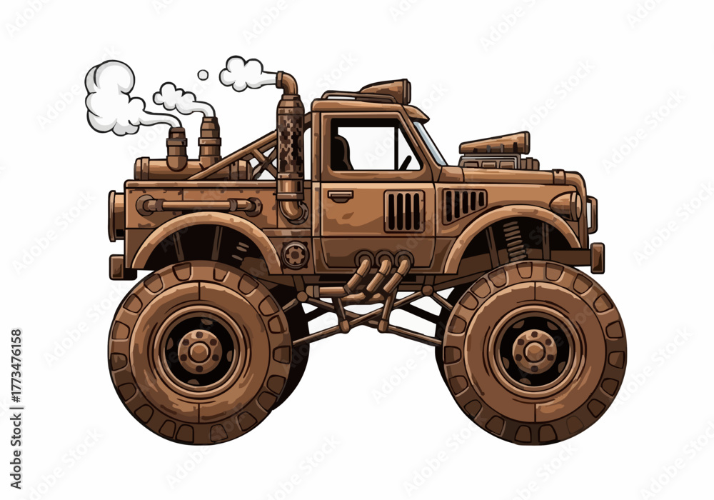 Fototapeta premium Steampunk monster truck vector illustration with intricate mechanical details isolated art