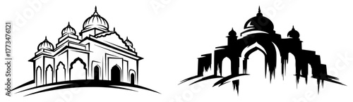 Mosque Silhouette and Sketch Vector Icon Set. Stylized illustration of an Islamic temple or Indian landmark like the Taj Mahal. Architecture logo for travel or religious design.