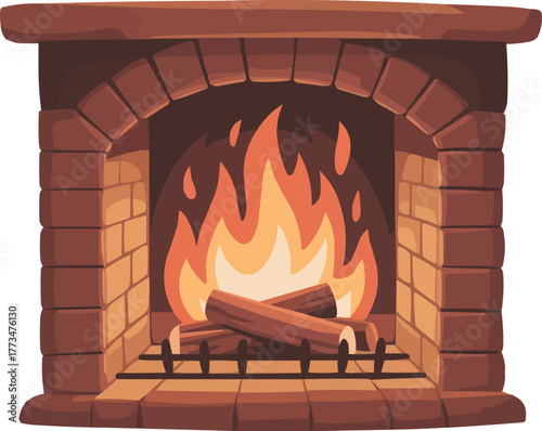 Cartoon Fireplace Illustration  Cozy Home Interior with Burning Fire