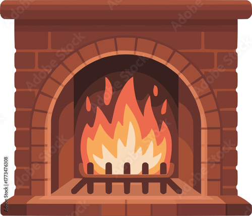 Cartoon Fireplace Illustration  Cozy Home Interior with Burning Fire