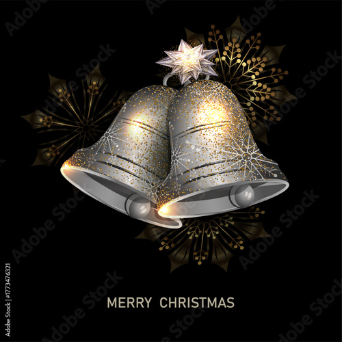 Merry Christmas. 2026. Isolated white bells with exquisite gold snowflakes.